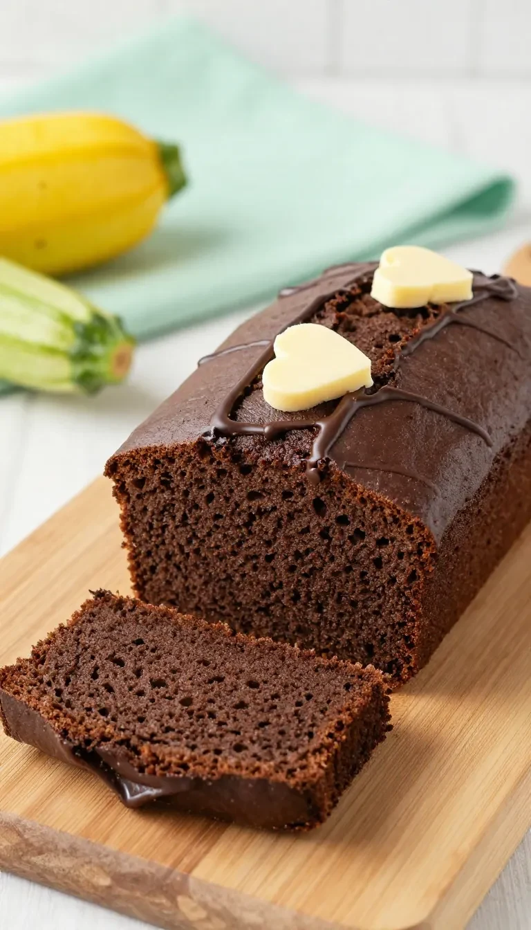 Saftiger Zucchini-Schokokuchen auf einem Kuchenteller, mit dunkler Glasur und feinen Schokostückchen.