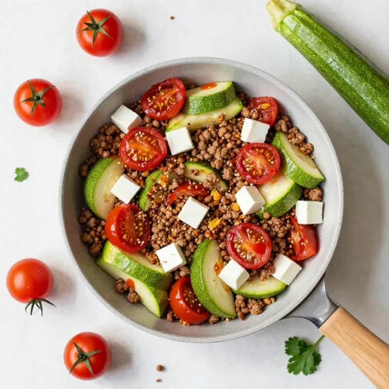 Eine Pfanne mit Zucchini-Hackfleisch, buntem Gemüse und frischen Kräutern auf dem Herd.