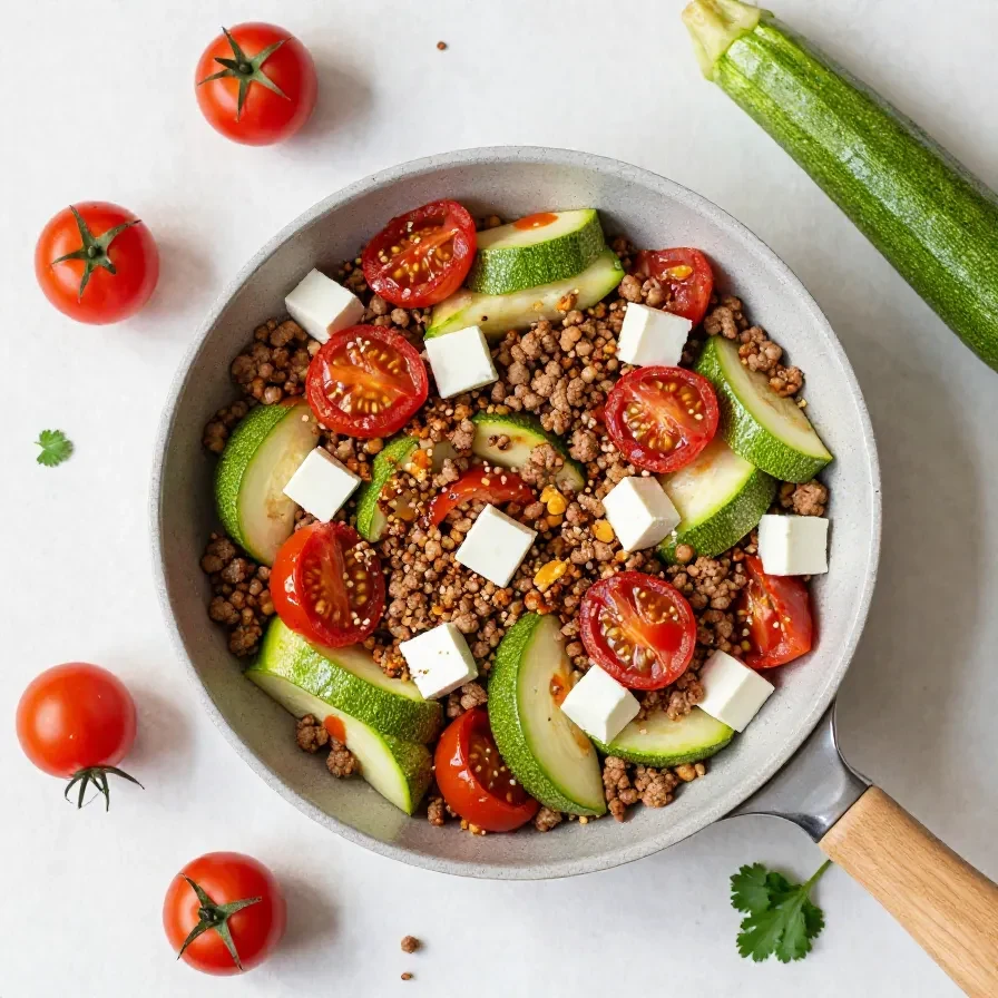 Eine Pfanne mit Zucchini-Hackfleisch, buntem Gemüse und frischen Kräutern auf dem Herd.