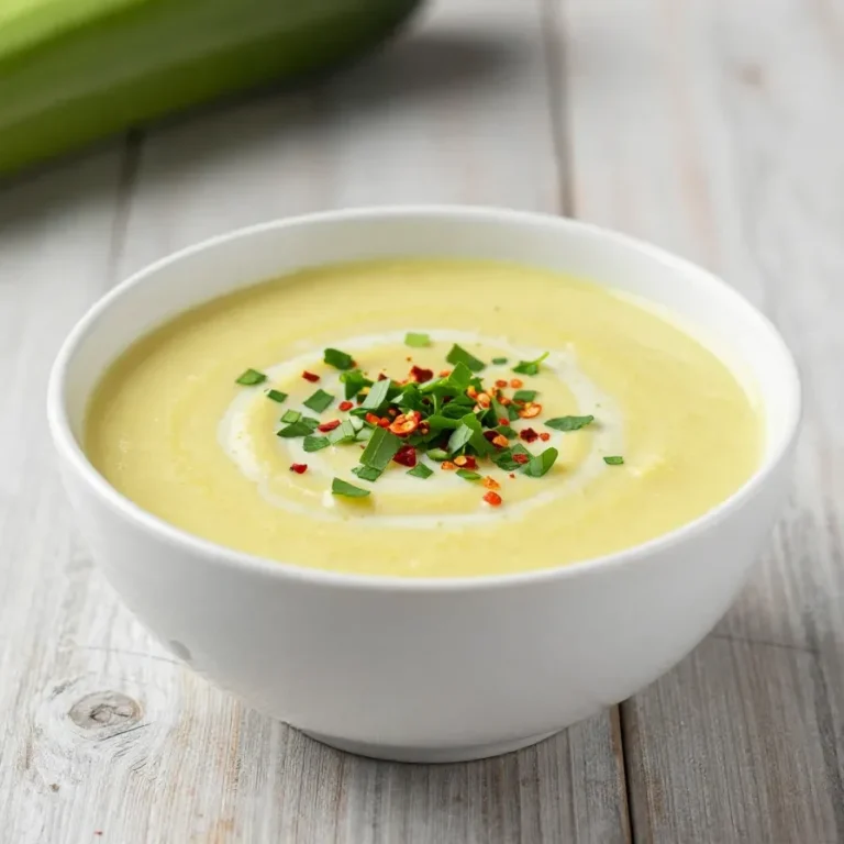 Eine cremige Zucchini-Suppe in einer Schüssel, garniert mit frischen Kräutern und einem Löffel daneben.