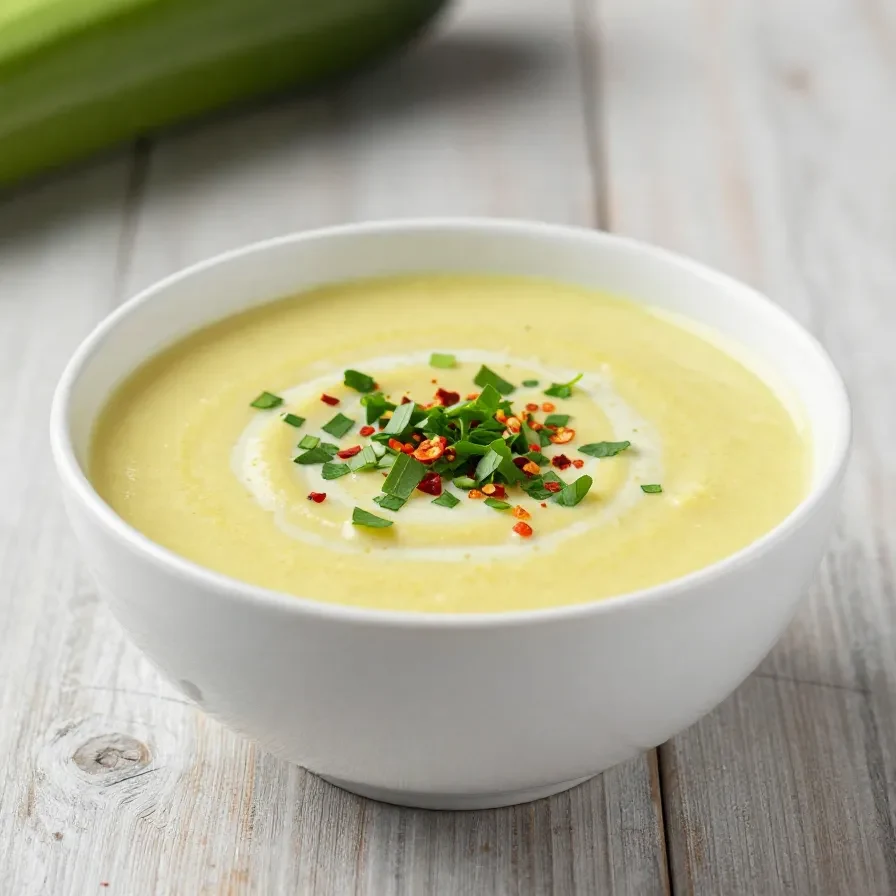 Eine cremige Zucchini-Suppe in einer Schüssel, garniert mit frischen Kräutern und einem Löffel daneben.