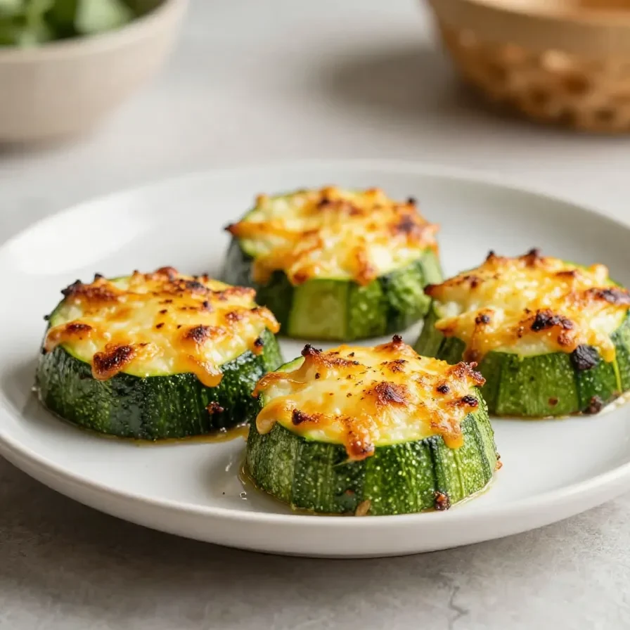 Gebackene Parmesan-Zucchini auf einem Backblech, goldbraun überbacken und mit frischen Kräutern garniert