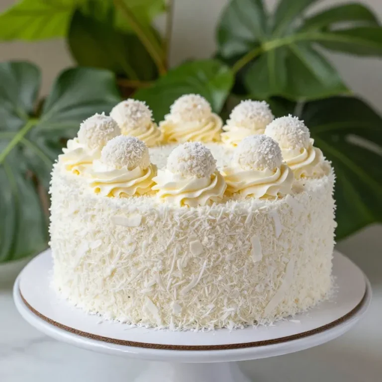 Raffaello Kuchen mit weißer Schokoladenfüllung und Kokosbiskuit auf einem Kuchenteller