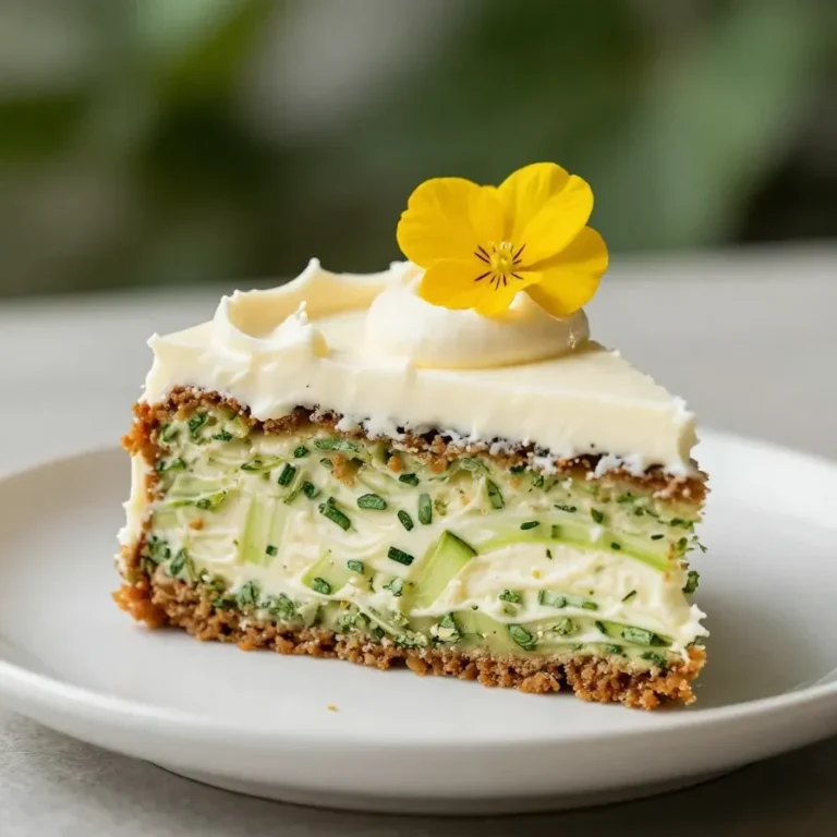 Ein saftiger Zucchinikuchen auf einem Kuchenteller, mit goldbrauner Kruste und feiner Puderzuckerschicht.