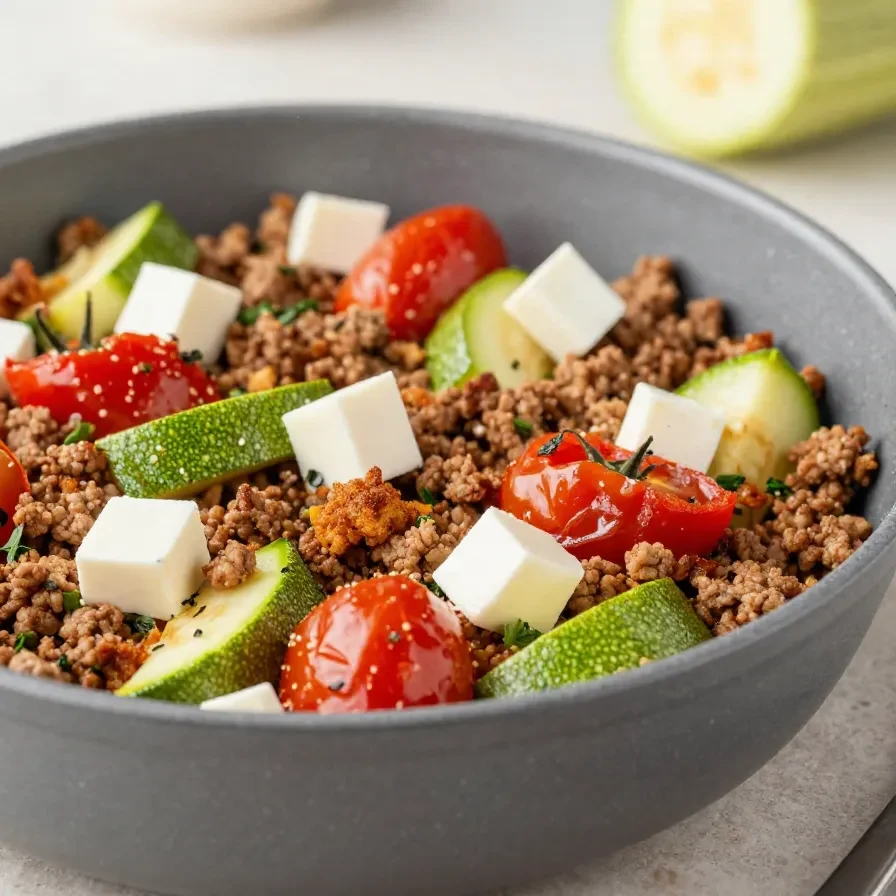 Eine Pfanne mit Zucchini-Hackfleisch, buntem Gemüse und frischen Kräutern auf dem Herd.