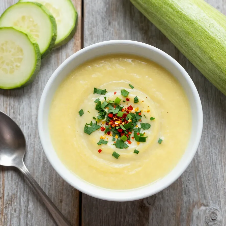 Eine cremige Zucchini-Suppe in einer Schüssel, garniert mit frischen Kräutern und einem Löffel daneben.