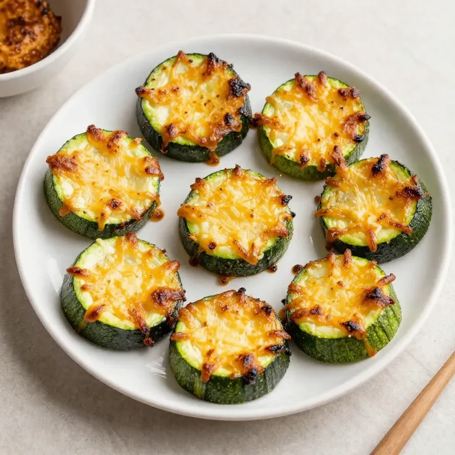 Gebackene Parmesan-Zucchini auf einem Backblech, goldbraun überbacken und mit frischen Kräutern garniert