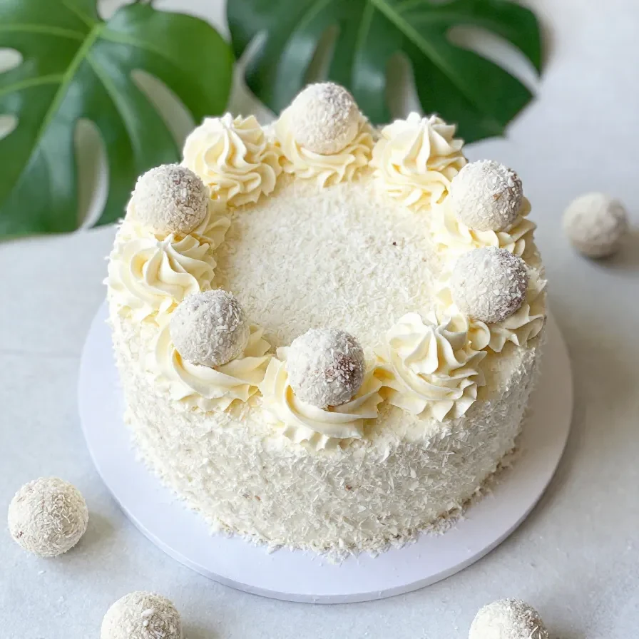 Raffaello Kuchen mit weißer Schokoladenfüllung und Kokosbiskuit auf einem Kuchenteller