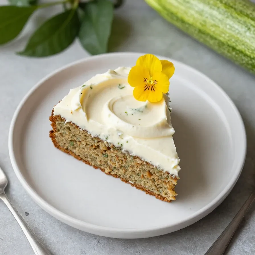 Ein saftiger Zucchinikuchen auf einem Kuchenteller, mit goldbrauner Kruste und feiner Puderzuckerschicht.