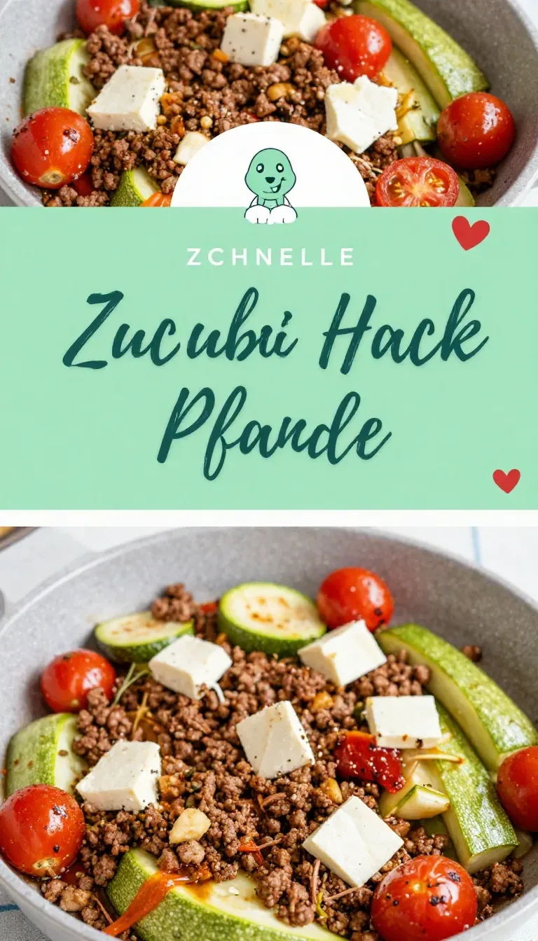 Eine Pfanne mit Zucchini-Hackfleisch, buntem Gemüse und frischen Kräutern auf dem Herd.