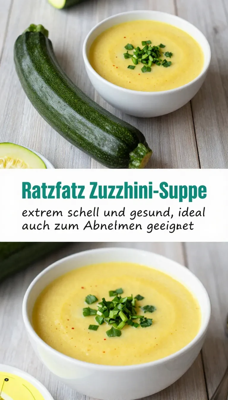 Eine cremige Zucchini-Suppe in einer Schüssel, garniert mit frischen Kräutern und einem Löffel daneben.