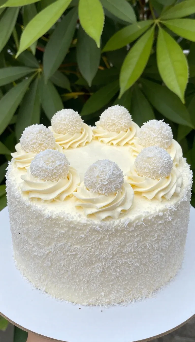 Raffaello Kuchen mit weißer Schokoladenfüllung und Kokosbiskuit auf einem Kuchenteller