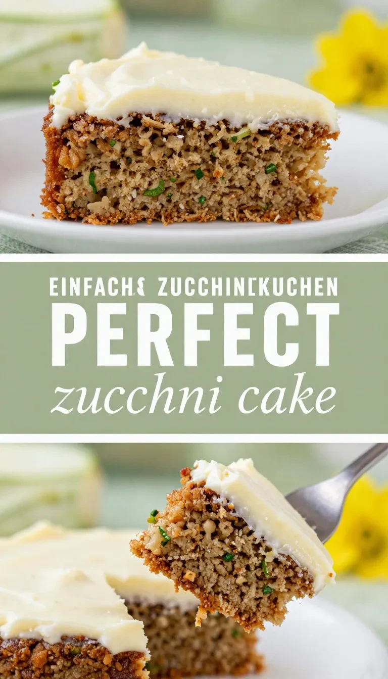 Ein saftiger Zucchinikuchen auf einem Kuchenteller, mit goldbrauner Kruste und feiner Puderzuckerschicht.