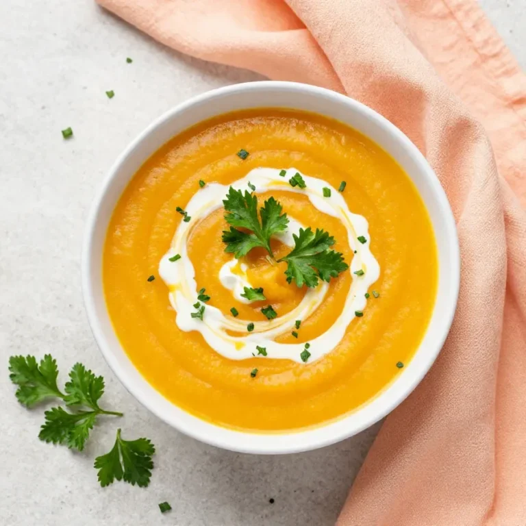 Eine cremige Kürbissuppe in einer Schüssel, garniert mit Kürbiskernen und Petersilie, auf einem Holztisch serviert.