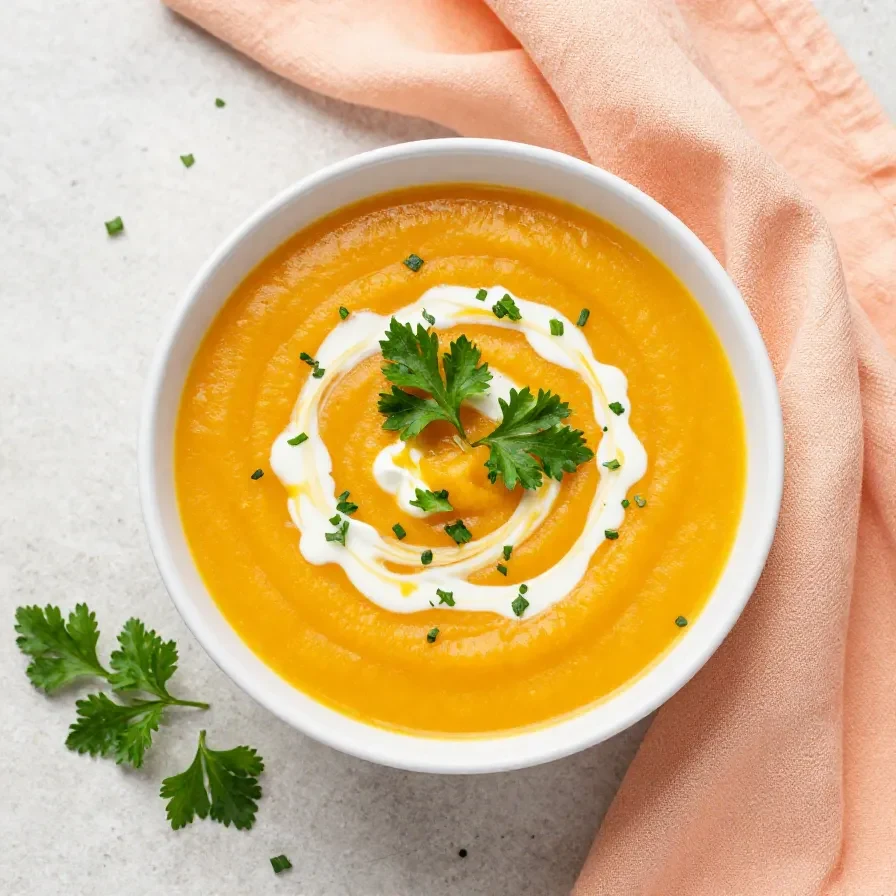 Eine cremige Kürbissuppe in einer Schüssel, garniert mit Kürbiskernen und Petersilie, auf einem Holztisch serviert.