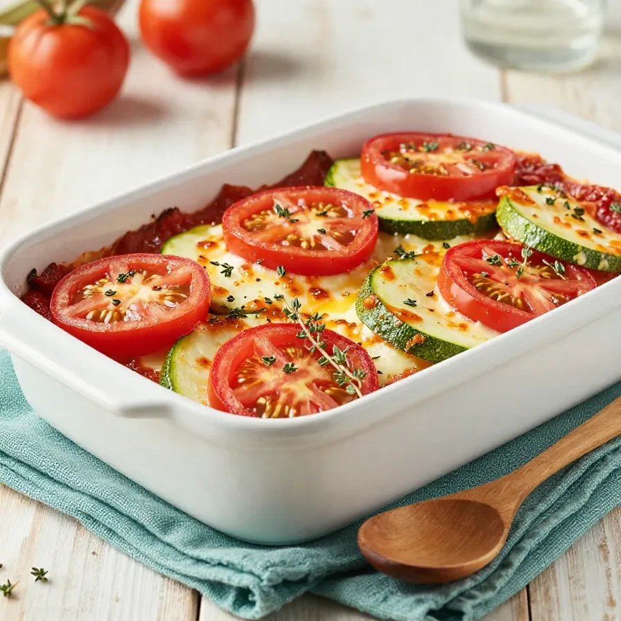 Ein frisch gebackener Tomaten-Zucchini-Auflauf mit goldbraunem Mozzarella in einer Auflaufform.