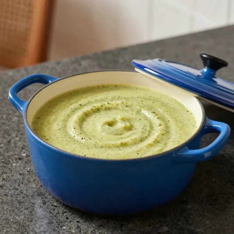 Eine cremige Zucchinisuppe in einer weißen Schüssel, garniert mit frischen Kräutern und etwas Pfeffer.