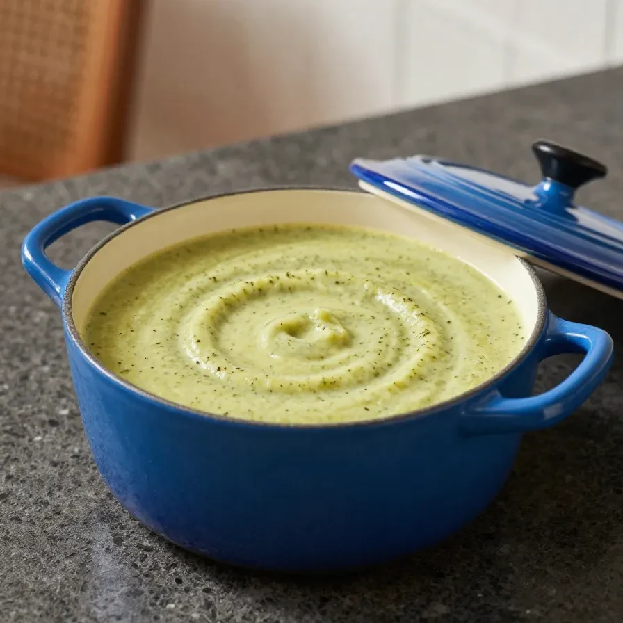 Eine cremige Zucchinisuppe in einer weißen Schüssel, garniert mit frischen Kräutern und etwas Pfeffer.