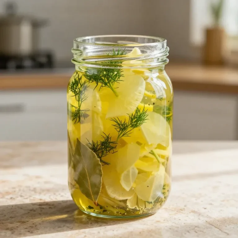 Glas mit schnellen Senfgurken in süß-saurer Marinade auf einem Küchentisch