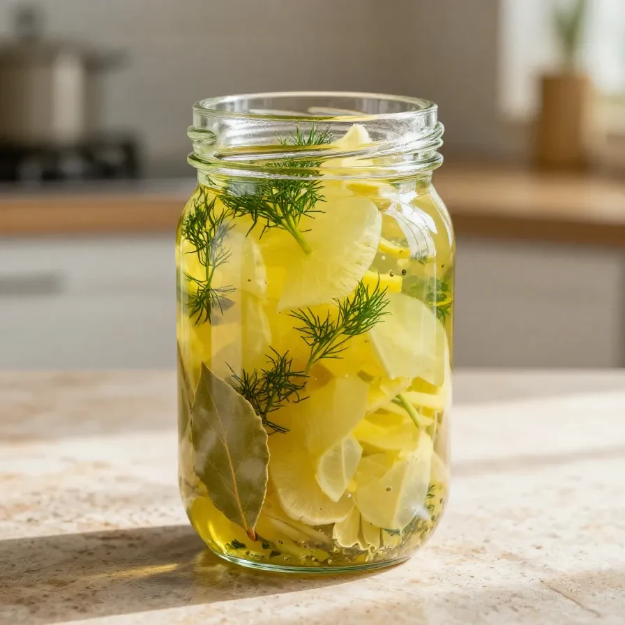 Glas mit schnellen Senfgurken in süß-saurer Marinade auf einem Küchentisch
