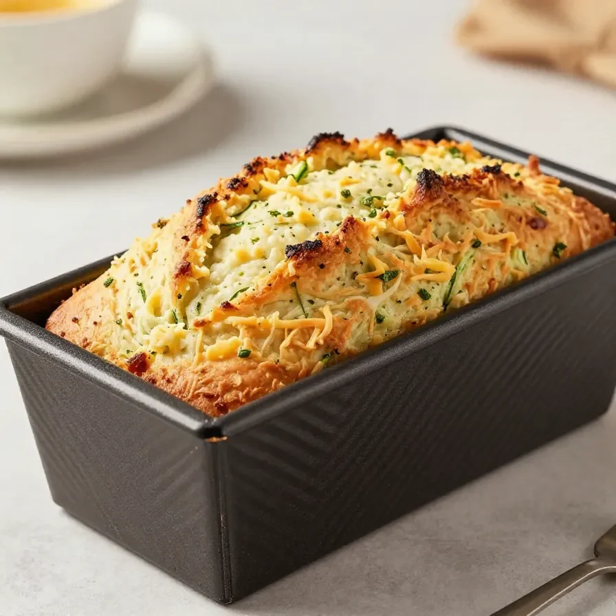Ein frisch gebackenes herzhaftes Zucchini-Cheddar-Brot auf einem Holzbrett, in Scheiben geschnitten und leicht golden gebräunt.