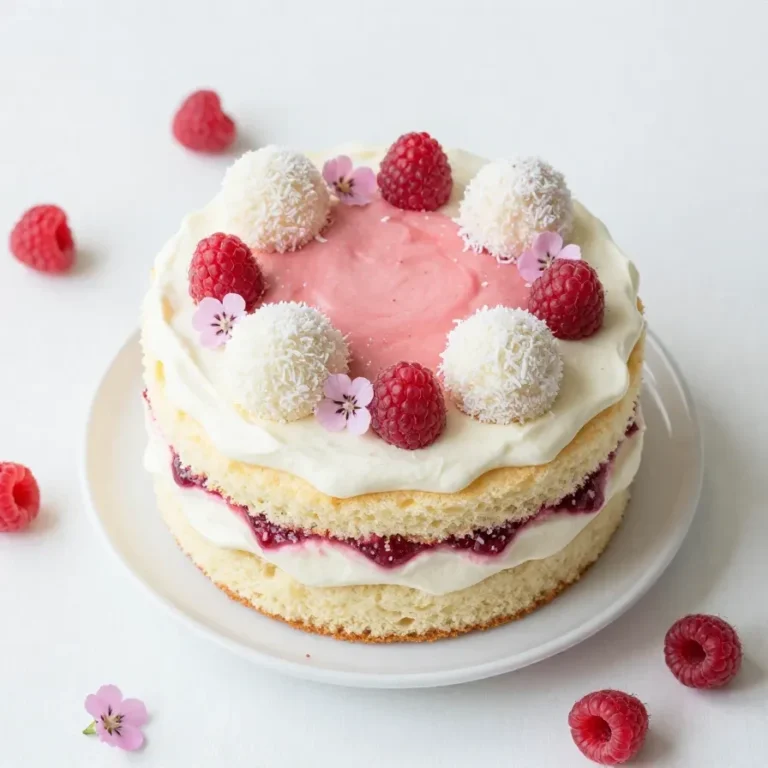Himbeer-Raffaello-Torte ohne Gelatine auf einer Tortenplatte mit cremiger weißer Oberfläche und frischen Himbeeren