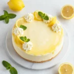 Eine schnelle Zitronentorte mit heller Creme und Zitronenscheiben auf einem Teller