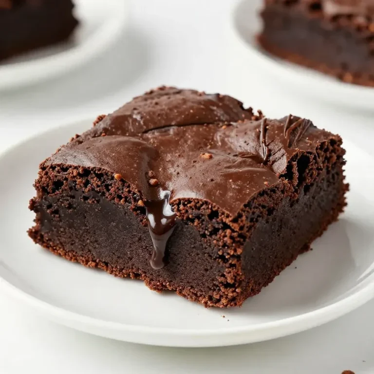Saftige Zucchini-Brownies auf einem Teller, mit dunkler Schokoladenglasur und einzelnen Stückchen sichtbar.