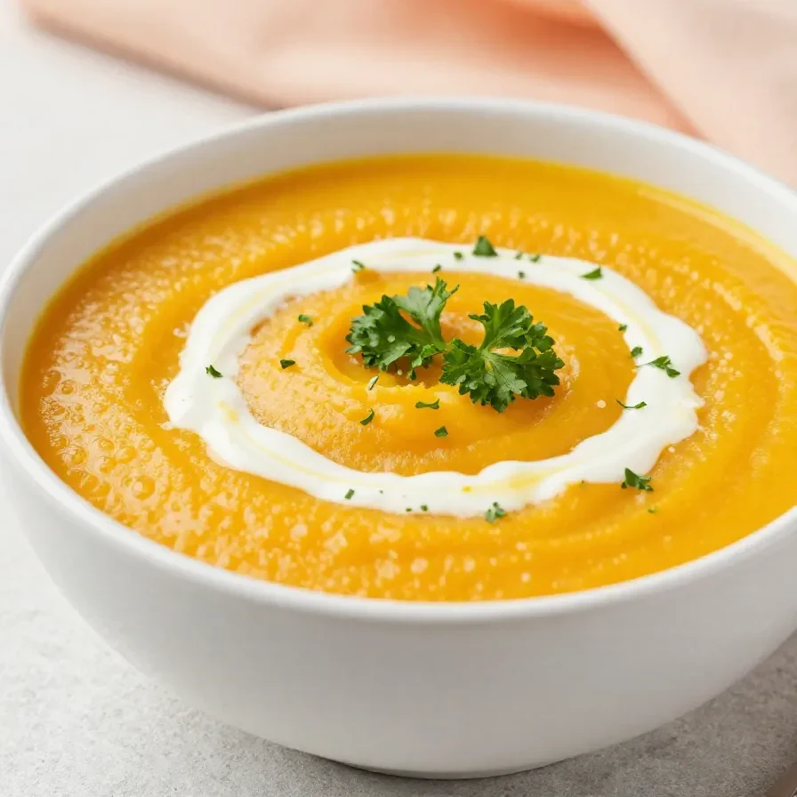 Eine cremige Kürbissuppe in einer Schüssel, garniert mit Kürbiskernen und Petersilie, auf einem Holztisch serviert.