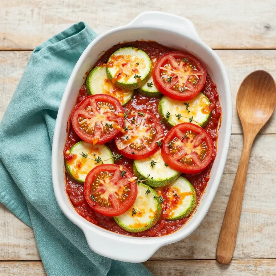 Ein frisch gebackener Tomaten-Zucchini-Auflauf mit goldbraunem Mozzarella in einer Auflaufform.