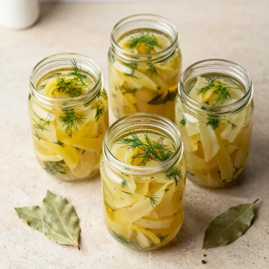 Glas mit schnellen Senfgurken in süß-saurer Marinade auf einem Küchentisch