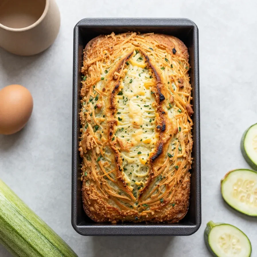 Ein frisch gebackenes herzhaftes Zucchini-Cheddar-Brot auf einem Holzbrett, in Scheiben geschnitten und leicht golden gebräunt.