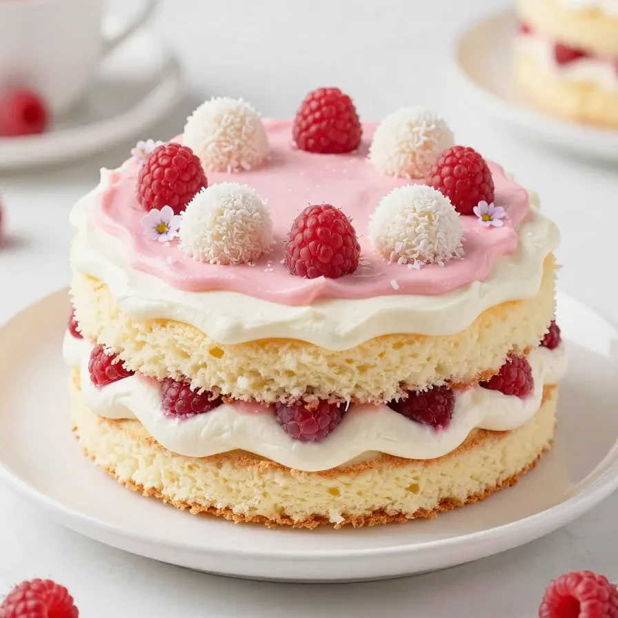 Himbeer-Raffaello-Torte ohne Gelatine auf einer Tortenplatte mit cremiger weißer Oberfläche und frischen Himbeeren