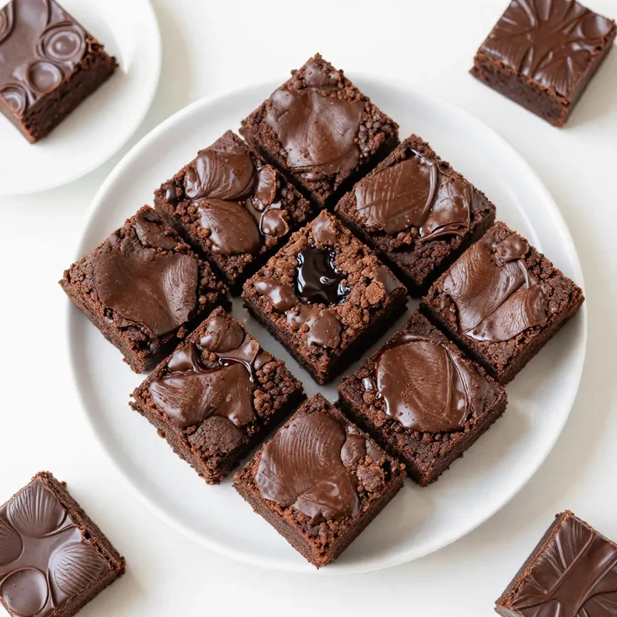 Saftige Zucchini-Brownies auf einem Teller, mit dunkler Schokoladenglasur und einzelnen Stückchen sichtbar.