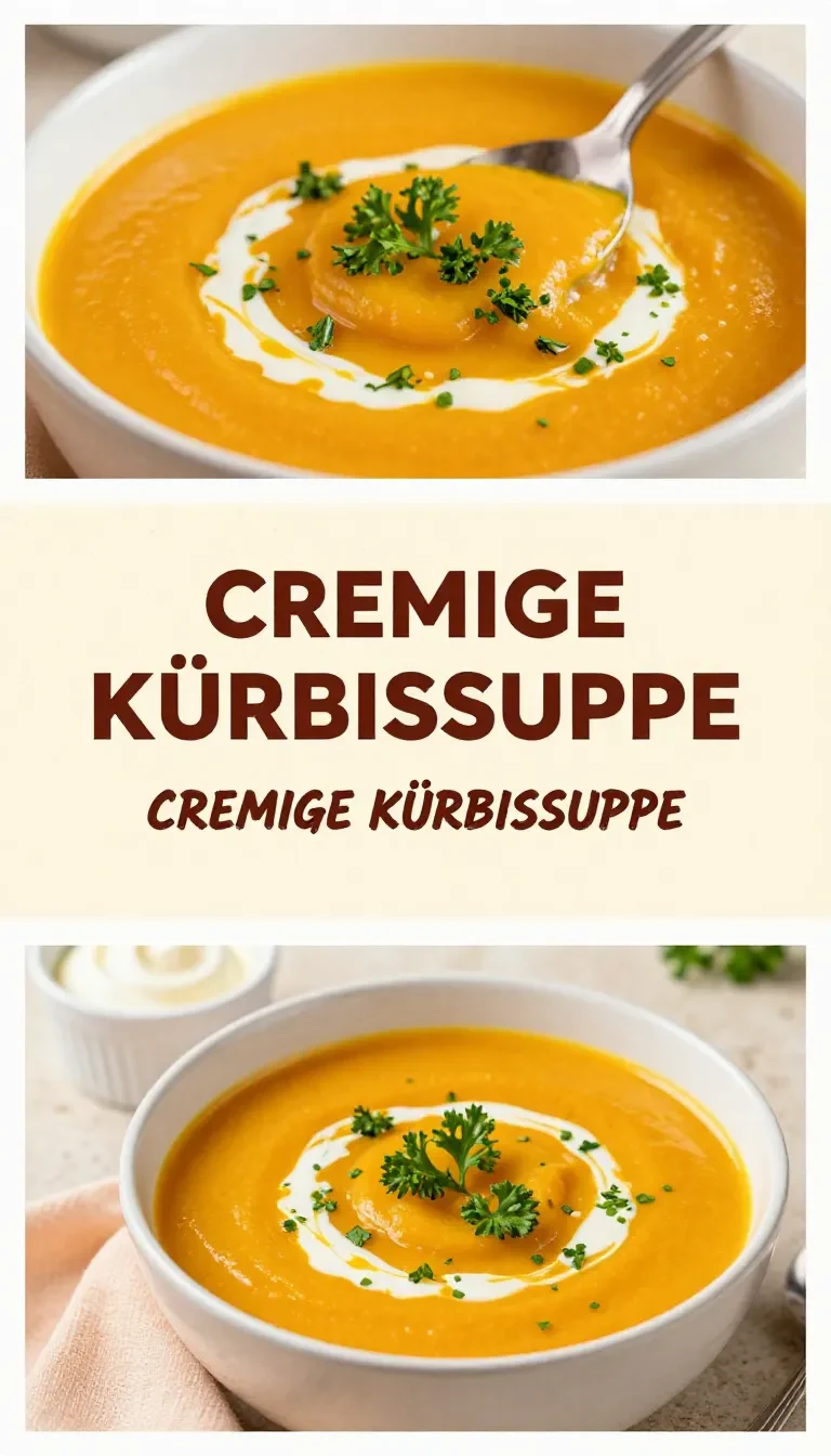 Eine cremige Kürbissuppe in einer Schüssel, garniert mit Kürbiskernen und Petersilie, auf einem Holztisch serviert.