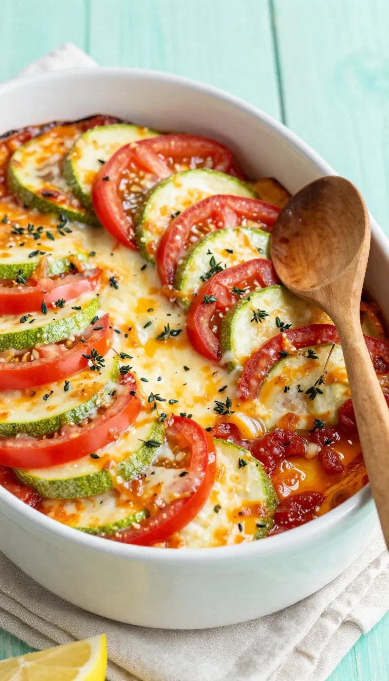 Ein frisch gebackener Tomaten-Zucchini-Auflauf mit goldbraunem Mozzarella in einer Auflaufform.