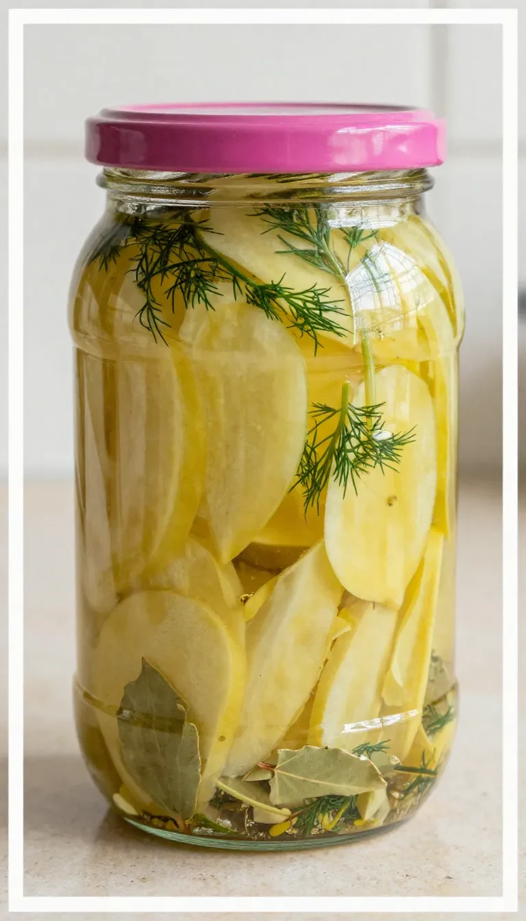 Glas mit schnellen Senfgurken in süß-saurer Marinade auf einem Küchentisch