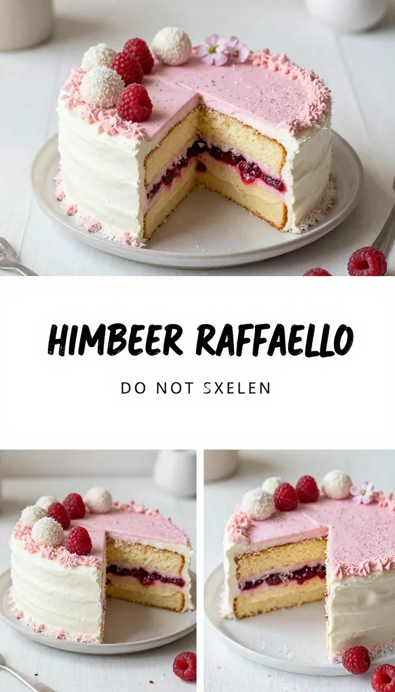 Himbeer-Raffaello-Torte ohne Gelatine auf einer Tortenplatte mit cremiger weißer Oberfläche und frischen Himbeeren