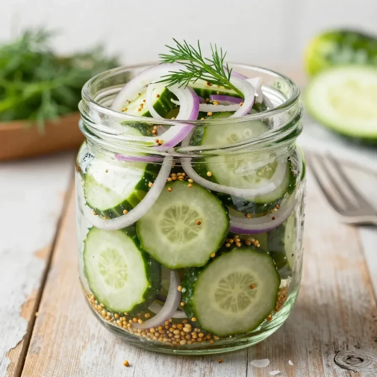 Ein Glas Schüttelgurken nach Omas Art mit frischen Gurkenscheiben, Zwiebeln, Dill und würziger Marinade auf einem Holztisch.