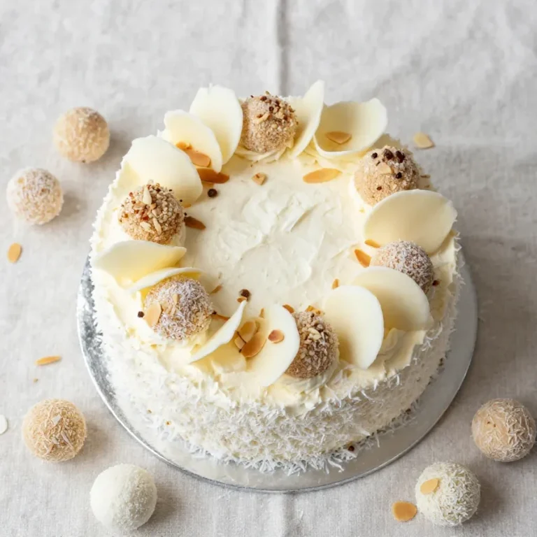 Ferrero Cake mit weißer Glasur und gehackten Nüssen auf einem hellen Teller