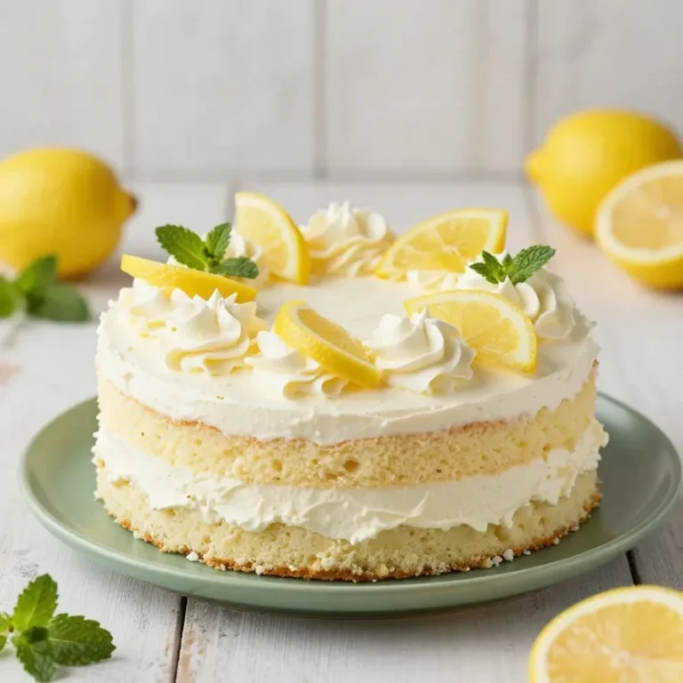 Stück Zitronen-Mascarpone-Torte mit cremiger Füllung und heller Zitronenglasur auf einem Teller