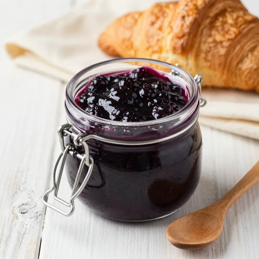 Glas mit selbstgemachtem Brombeergelee neben frischen Brombeeren und einem Löffel auf einem hellen Küchentisch