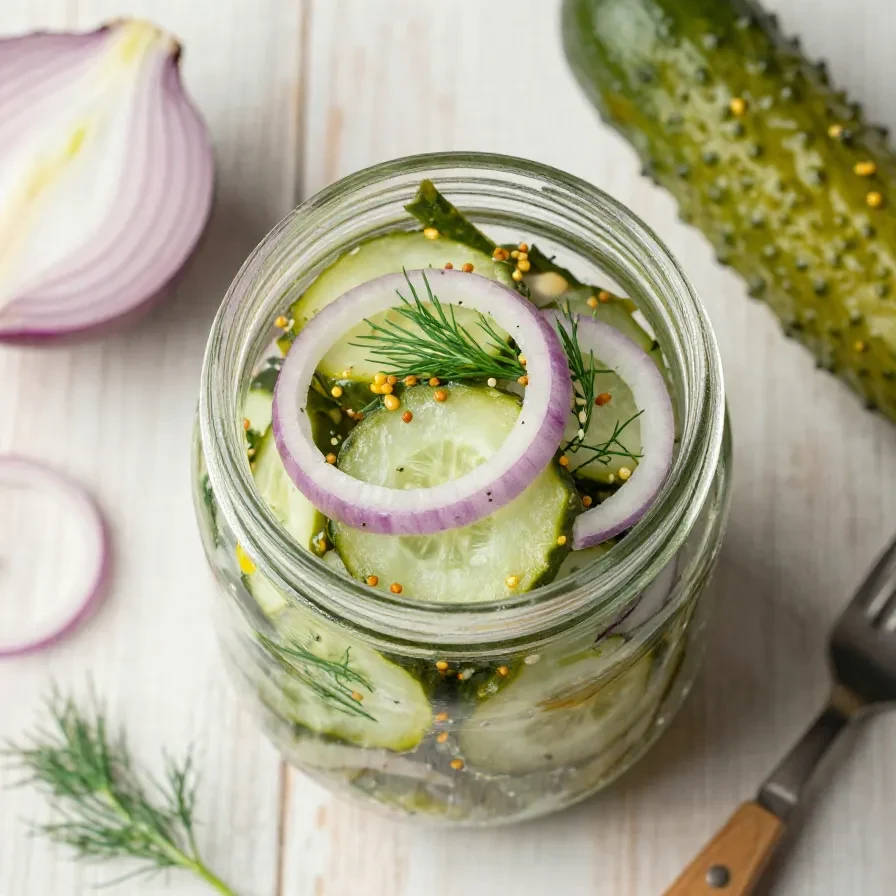 Ein Glas Schüttelgurken nach Omas Art mit frischen Gurkenscheiben, Zwiebeln, Dill und würziger Marinade auf einem Holztisch.