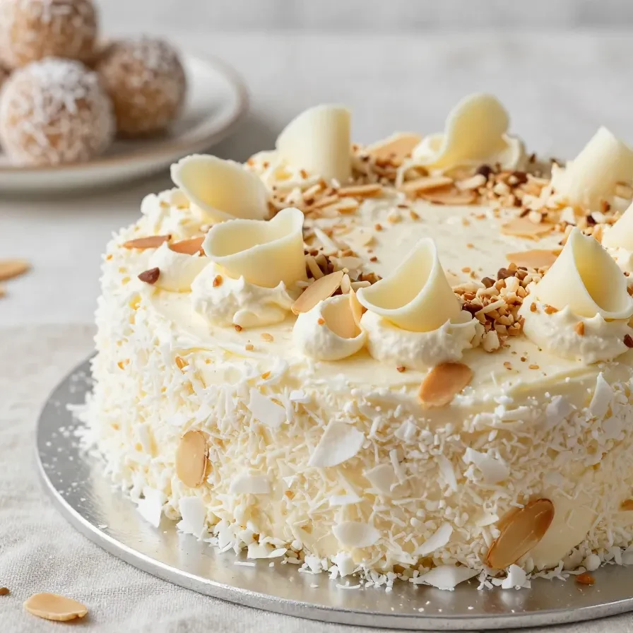 Ferrero Cake mit weißer Glasur und gehackten Nüssen auf einem hellen Teller