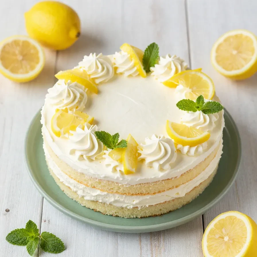 Stück Zitronen-Mascarpone-Torte mit cremiger Füllung und heller Zitronenglasur auf einem Teller