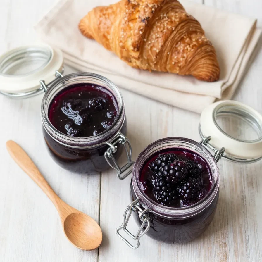Glas mit selbstgemachtem Brombeergelee neben frischen Brombeeren und einem Löffel auf einem hellen Küchentisch