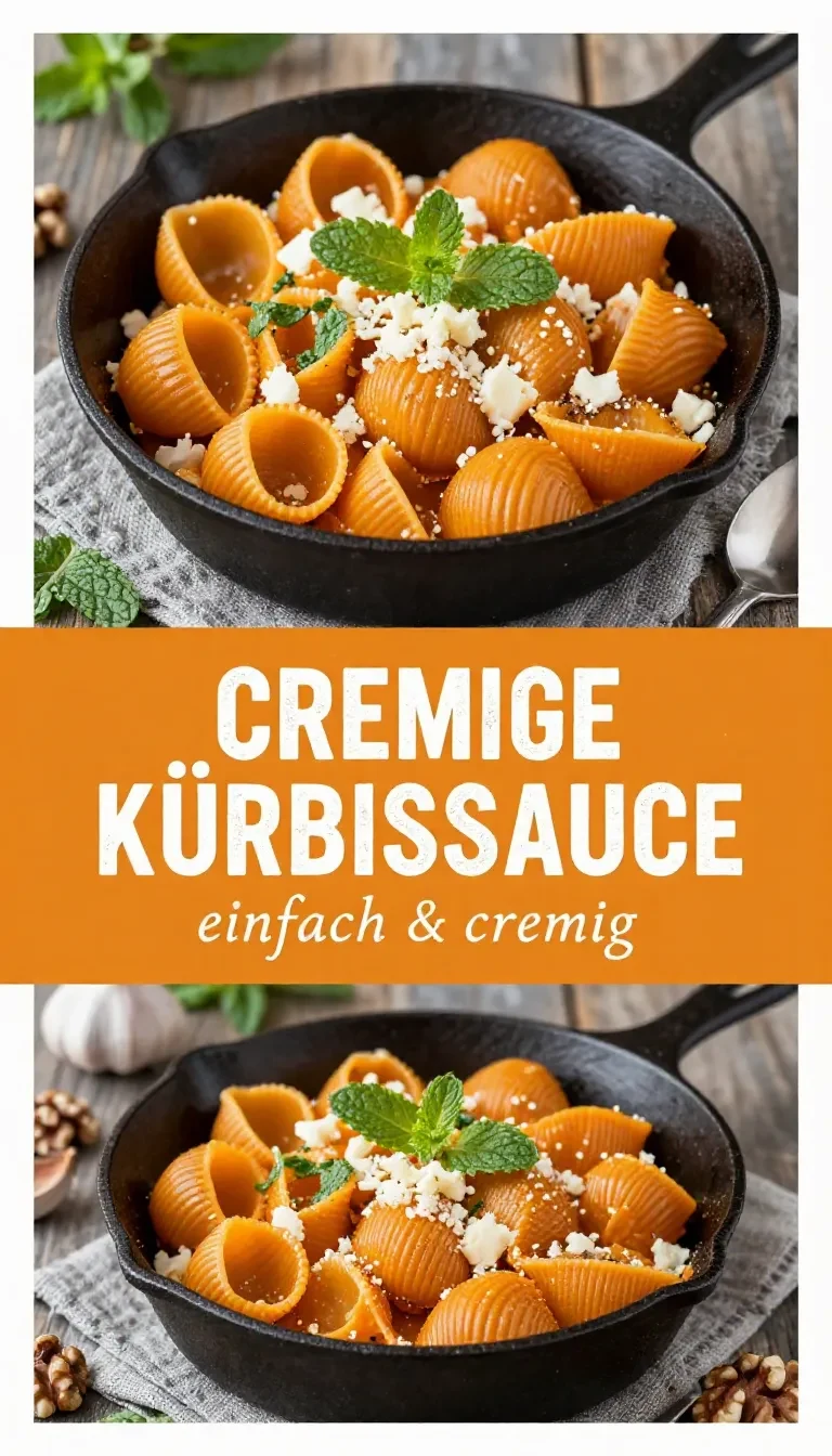 Teller mit Pasta und cremiger Kürbissauce, garniert mit frischen Kräutern