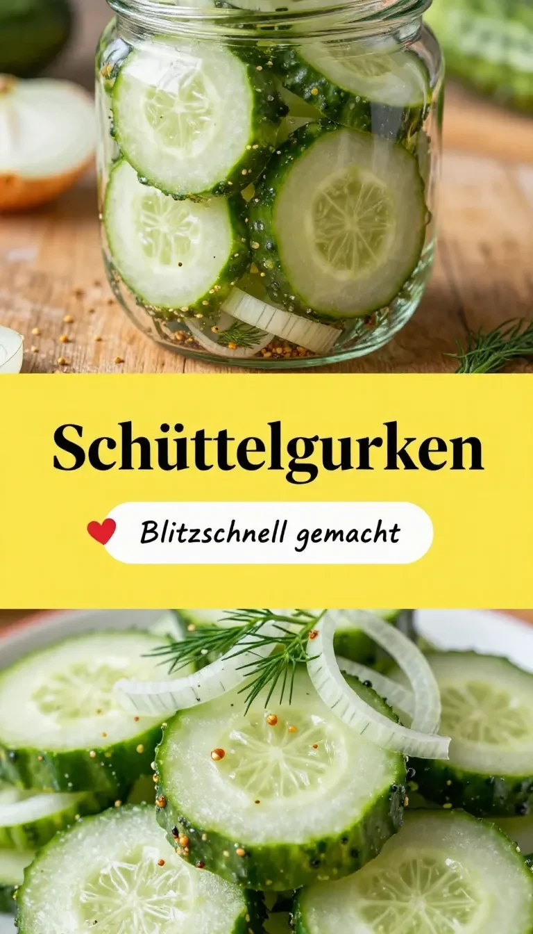 Ein Glas Schüttelgurken nach Omas Art mit frischen Gurkenscheiben, Zwiebeln, Dill und würziger Marinade auf einem Holztisch.