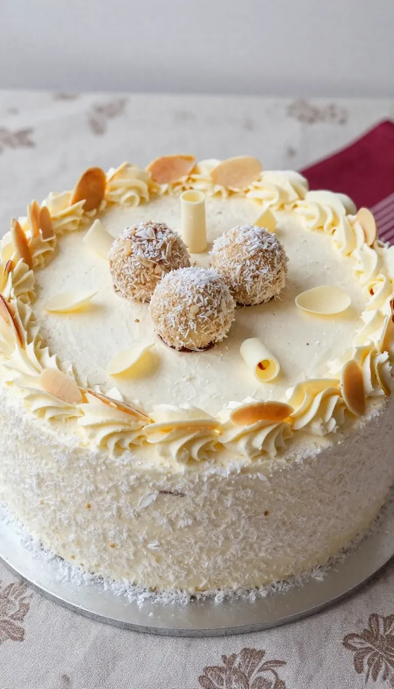 Ferrero Cake mit weißer Glasur und gehackten Nüssen auf einem hellen Teller