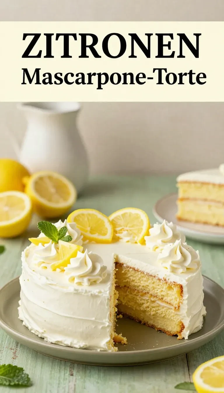 Stück Zitronen-Mascarpone-Torte mit cremiger Füllung und heller Zitronenglasur auf einem Teller